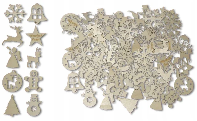 Drewniane Ozdoby scrapki MIX dekory Świąteczne choinkowe 100 szt.