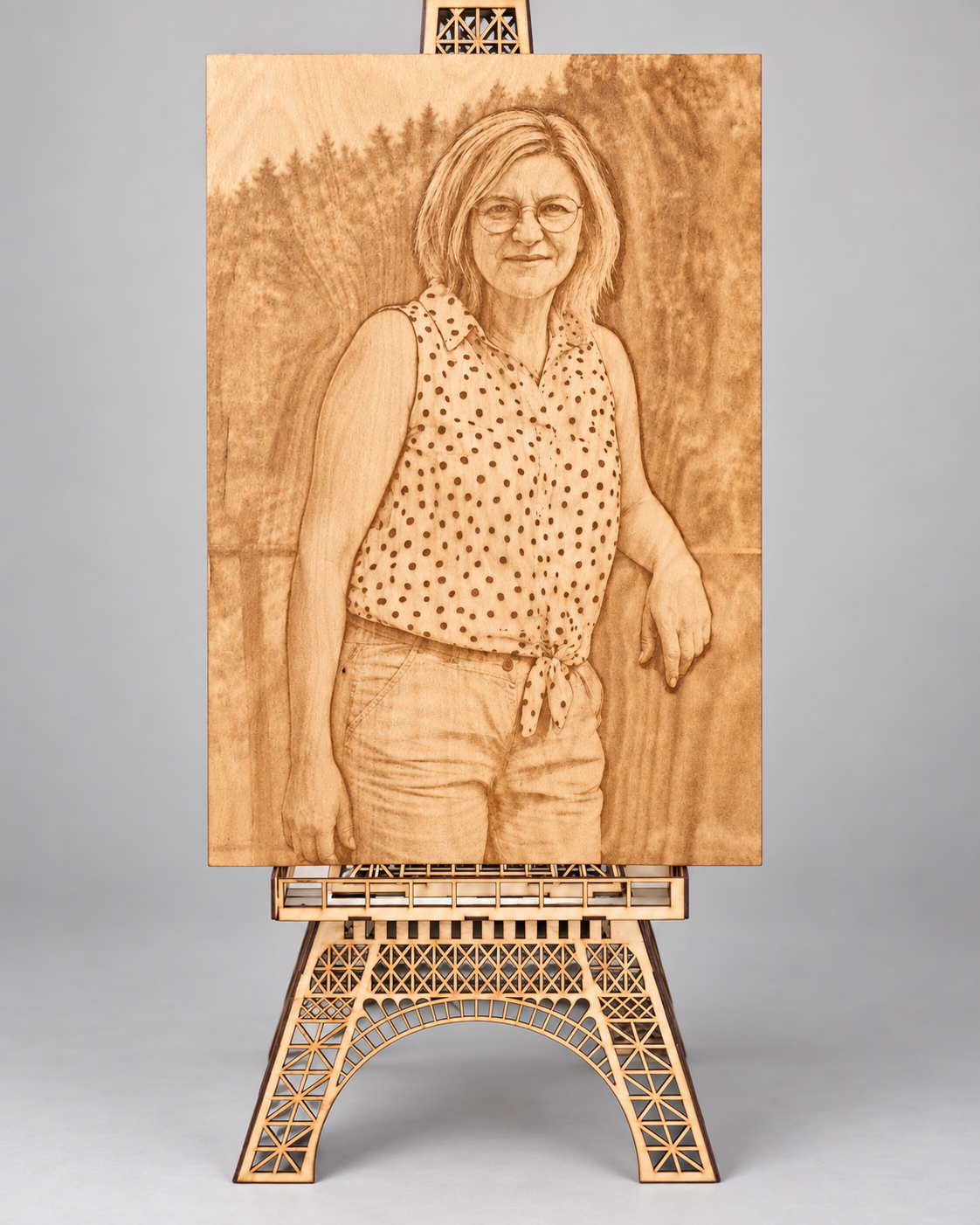 Grawerowany portret na drewnie, ustawiony na ażurowym stojaku w kształcie wieży Eiffla.
